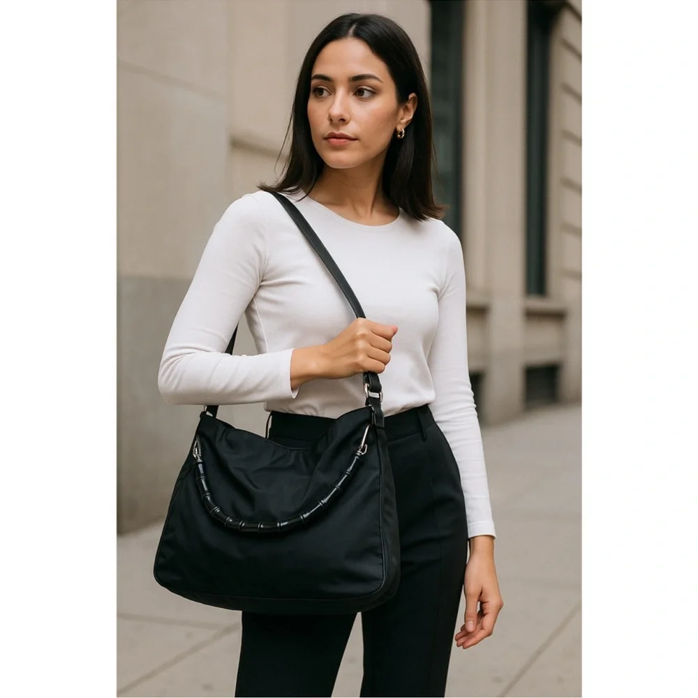 Gucci Black Nylon Bamboo Handle Bag w Detachable Leather Shoulder Strap